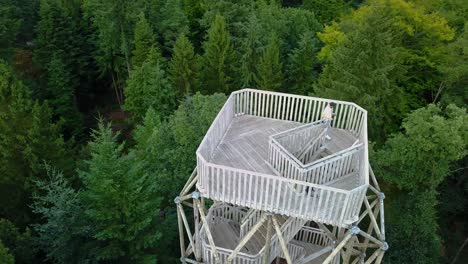 Two-boys-climbing-down-wooden-lookout-in-Berg-en-Bos,-drone-view