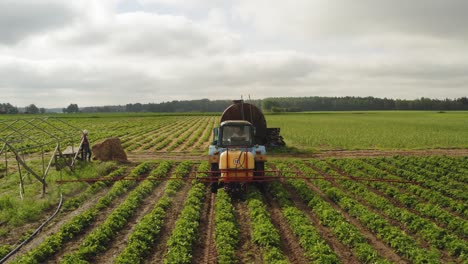 Aerial-shot-following-from-the-back-a-tractor-spraying-strawberry-field-against-diseases