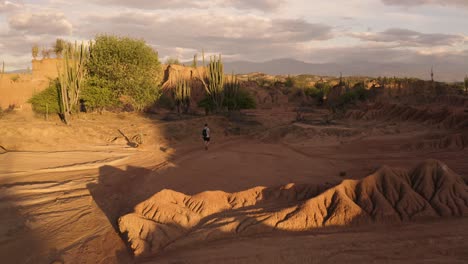 Aerial-flies-over-a-Guy-in-the-Tatacoa-Desert-during-Sunset,-Colombia
