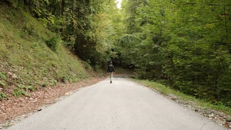 Un-Hombre-Caminando-Por-Un-Bosque-Muy-Verde-En-Un-Día-Nublado-En-Eslovenia-Ubicado-Cerca-Del-Pueblo-De-Gozd-Martuljek-7