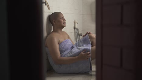 Sick-bald-Indian-girl-breaks-down-in-bathroom-and-is-very-upset-and-cries