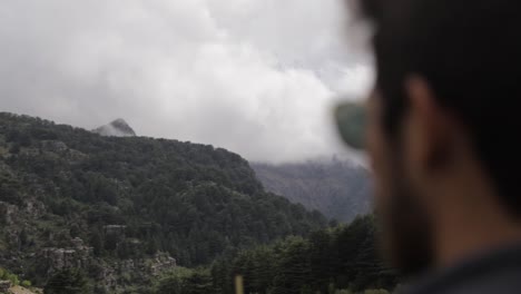 Blurry-Close-Up-Of-Man-Gazing-Over-Cedar-Forest-In-Tannourine,-Lebanon