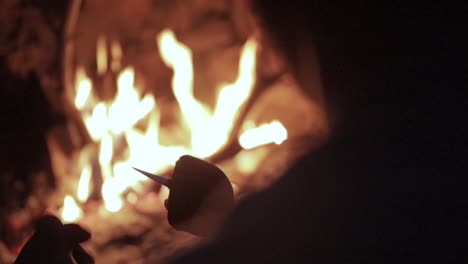Marshmallow-put-on-skewer-by-natural-outdoor-evening-fire-in-countryside,-close-up-pan
