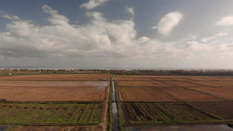 4k-Aerial-shot-of-treelined-fields-at-sunset-in-Denia,-Alicante,-Spain,-with-blue-sky-and-clouds-,-wide-angle-approach-shot