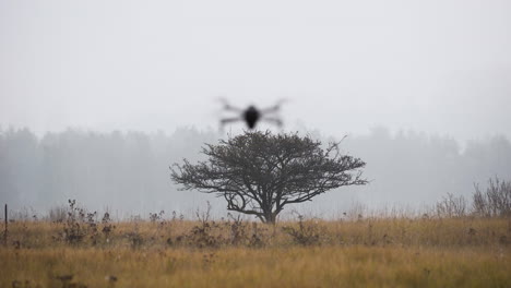 Mavic-Pro2-Drohne-Schwebt-Und-Fliegt-Dann-über-Einen-Baum,-Herbst,-Nebel,-Tschechien