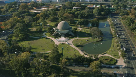 AERIAL---Galileo-Galilei-Planetarium,-Buenos-Aires,-Argentina,-wide-circle-pan
