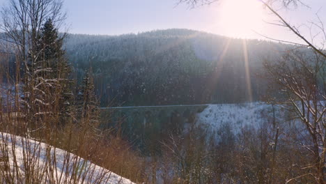 Train-passing-over-a-viaduct-in-the-mountains-in-falling-snow,sunlight