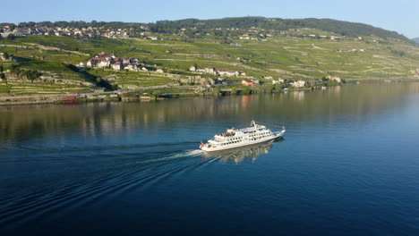 Aerial-View-Of-Lausanne-Cruise-Boat-With-Tourists-Sailing-At-Lake-Geneva-In-Switzerland
