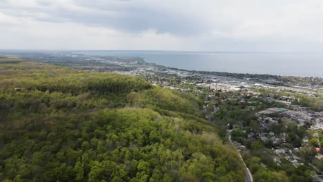 Aerial-view-showing-coastline-of-Hamilton-with-tranquil-Lake-Ontario-in-background
