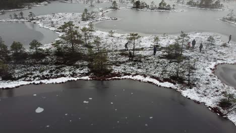 Aerial-drone-view-of-people-walking-with-snowshoes-between-the-bog-lakes-during-winter