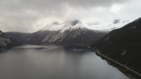 Snowy-Stetind-National-Mountain-From-Tysfjorden-During-Winter,-Norway