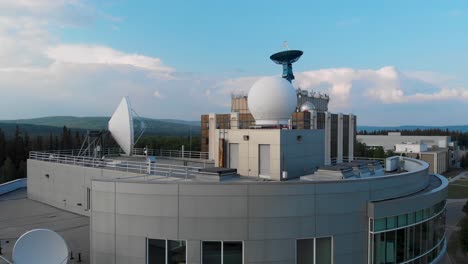 4K-Drone-Video-of-Satellites-and-Radomes-on-the-Campus-of-the-University-of-Alaska-Fairbanks,-AK-during-Summer-Day-1