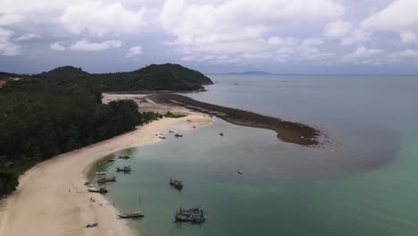 Aerial-drone-view-of-island-Koh-Phangan-Thailand-with-Exotic-coast-panoramic-landscape-in-summer-day-and-sandy-path,-corals
