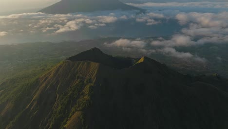 Spectacular-morning-view-of-volcano-Mount-Batur-with-large-crater,-aerial