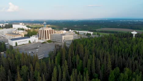 4K-Drone-Video-of-Satellites-and-Radomes-on-the-Campus-of-the-University-of-Alaska-Fairbanks,-AK-during-Summer-Day