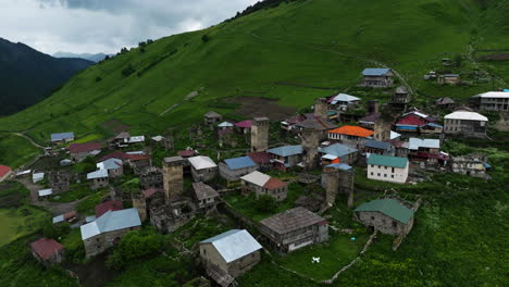 Ancient-Settlements-With-Medieval-Defensive-Towers-On-Adishi-In-Upper-Svaneti,-Georgia