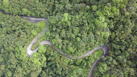 Aerial-birdseye-descendant-over-very-winding-road-in-Serra-do-Mar,-Brazil