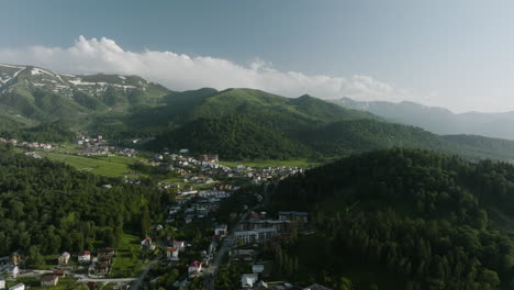 Idyllic-Ski-Resort-Town-With-Forested-Caucasus-Mountain-Ranges-In-Bakuriani,-Borjomi-District-of-Georgia