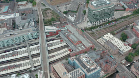 High-circling-drone-shot-of-Nottingham-City-Train-station