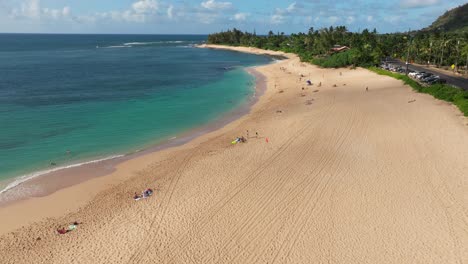 Fliegen-über-Palmen-Mit-Blick-Auf-Einen-Sonnigen-Strand-In-Hawaii