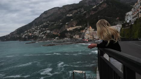 Wanderlust,-Blonde-Female-Tourist-Traveling-and-Admiring-Beautiful-Amalfi-Coast,-Italy