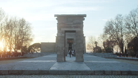 Beautiful-shot-of-the-famous-"Templo-de-Debod"-located-on-the-Principe-Pio-mountain-in-Madrid