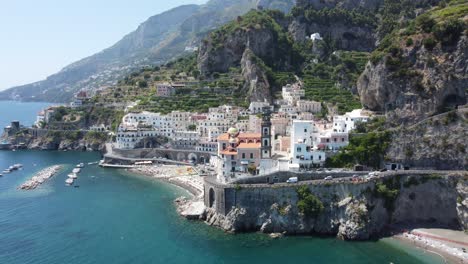 The-beaches-of-Amalfi-in-Italy,-Amalfi-coast,-filmed-by-drone-4k