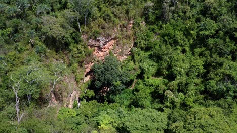 Rotating-drone-aerial-shot-of-the-cave-entrance-to-the-Enchanted-Well-or-Poço-Encantado-surrounded-by-tropical-trees,-plants,-and-cliffs-in-the-Chapada-Diamantina-National-Park-in-Northern-Brazil-1