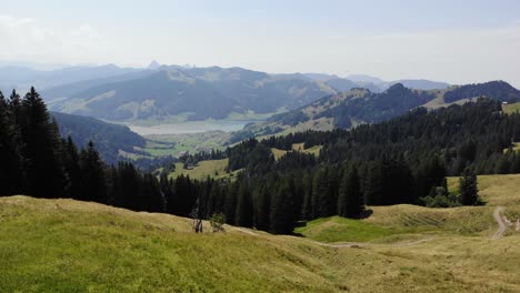 Idyllische-Schweizer-Landschaft-Bergweiden-Und-Wald-Am-Sihlsee-Schweiz,-Luftdrohnenansicht