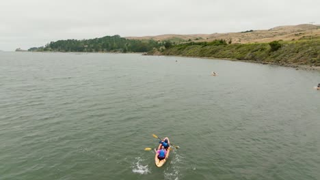 Overtake-Shot-Of-People-Kayaking-Fast-Forward-Towards-The-Beautiful-Shore-Of-Bahia-Tomales,-California