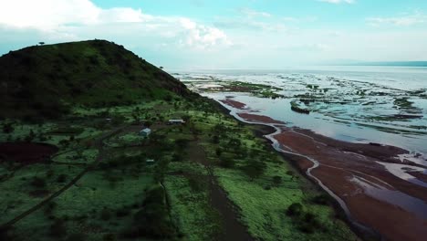 Scenic-Coast-Of-Lake-Natron-In-Tanzania---aerial-drone-shot