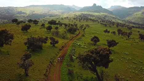 Fly-Over-Hikers-In-Isolated-Trails-At-Mount-Elgon-National-Park-In-Kenya,-East-Africa