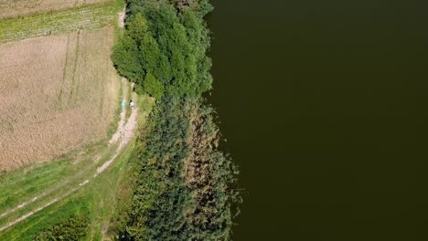 Luftaufnahme-Von-Menschen,-Die-Am-See-Und-Einem-Feld-In-Der-Natur-Wandern