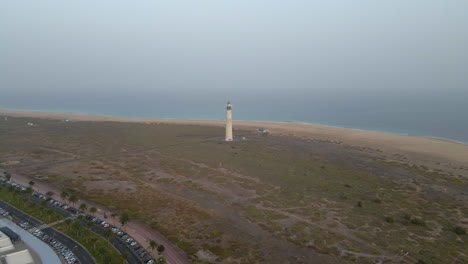 Aerial-View-Of-Morro-Jable-Lighthouse-On-The-Canary-Island-Of-Fuerteventura,-Jandia,-Las-Palmas,-Spain