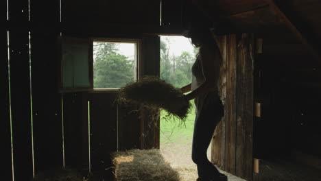Stylish-cowgirl-in-horse-barn-tosses-straw-down-to-her-horse