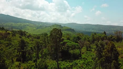 Fliegen-Durch-Bergige-Landschaften,-Die-Von-üppiger-Grüner-Und-Dichter-Vegetation-Unter-Blauem-Bewölktem-Himmel-In-Afrika-Bedeckt-Sind