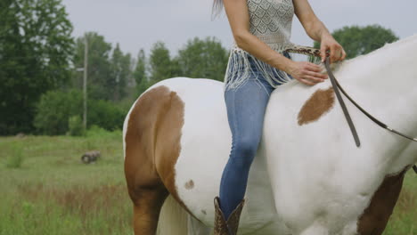 Cowgirl-mounting-her-adult-pinto-horse-in-a-field