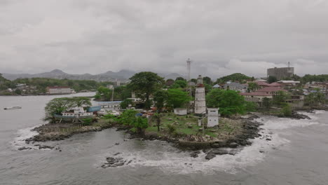 Aerial-rotation-of-Aberdeen-lighthouse-point-in-Freetown,-Sierra-Leone