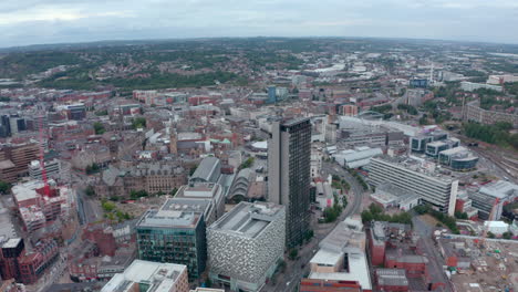 Establishing-drone-shot-of-Sheffield-city-centre-and-town-hall-building