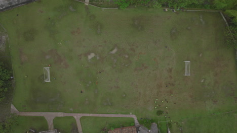 Top-down-aerial-footage-of-a-group-playing-soccer-in-a-field