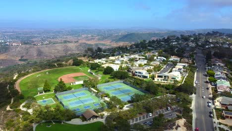 Aerial-View-of-Laguna-Heights-and-Top-of-the-World-Park-With-Sports-Fields,-Laguna-Beach,-Orange-County,-California-USA