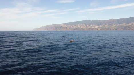 A-small-white-boat-in-the-middle-of-the-ocean-by-itself,-surrounded-by-water-and-the-coast-of-Madeira-in-the-distance