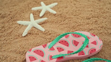 Reveal-shot-of-starfish-and-watermelon-sandals-in-the-sand-on-the-beach,-summertime-background
