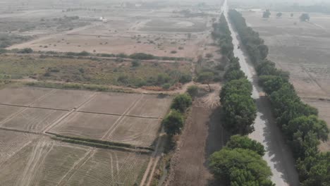 Drohne-Erfasst-Die-Obere-Aufnahme-Eines-Autos,-Das-Sich-Auf-Der-Von-Bäumen-Gesäumten-Autobahn-In-Pakistan-In-Der-Nähe-Von-Khairpur-Sindh-Bewegt
