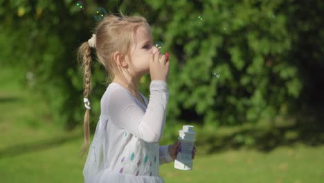 A-young-female-child-is-blowing-air-bubbles-on-a-sunny-day,-green-nature-ion-the-background
