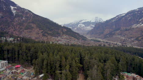 Revelando-La-Montaña-A-Través-De-Los-árboles-De-Un-Dron-Disparado-En-Las-Montañas-Nevadas-De-Himachal-Pradesh-En-La-India-1