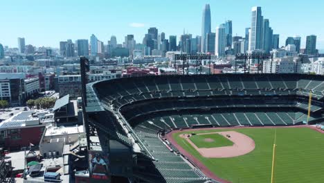 Slider-Shot-Of-Baseball-Stadium-,-Oracle-Park-Green-Field,-San-Francisco-In-Background,-California