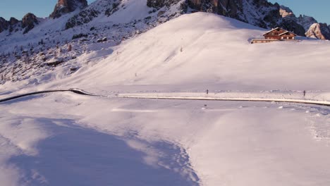 Ra-Gusela-steep-cliff-mountain-peak-in-Italy-during-winter,-Giau-Pass