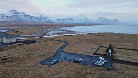 Budakirkja-Church-aerial-shot,-Iceland.-Large-shot
