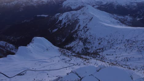 Sunset-at-Dolomites-in-Italy-during-winter-season,-scenic-mountain-range